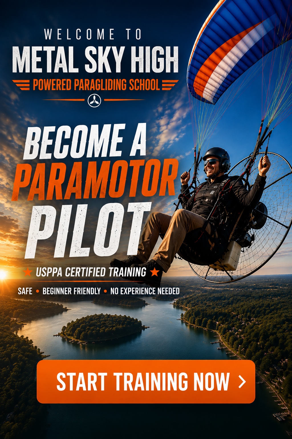 Welcome to Metal Sky High Powered Paragliding School. Become a paramotor pilot with USPPA-certified, beginner-friendly training.