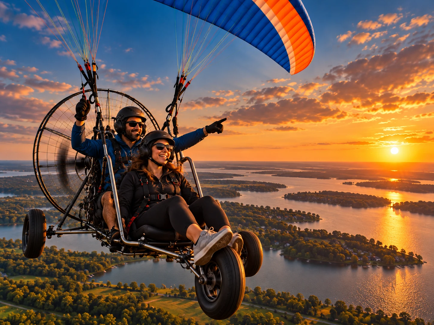 Relaxed tandem paramotor flight at golden hour over Michigan-style lakes and countryside